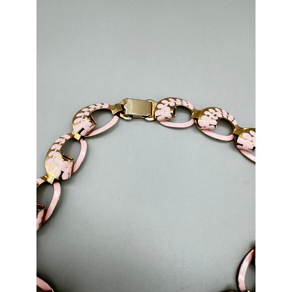 Vintage Pink Painted Floral Design and Gold Tone Link Choker Necklace - Picture 6 of 8